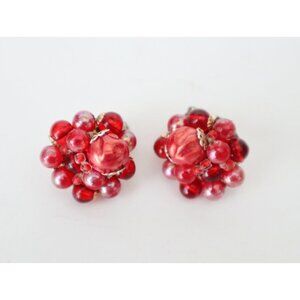 Vintage Earrings Clip On Beaded Cluster Shades of Red Mid Century 1950s  Lot A